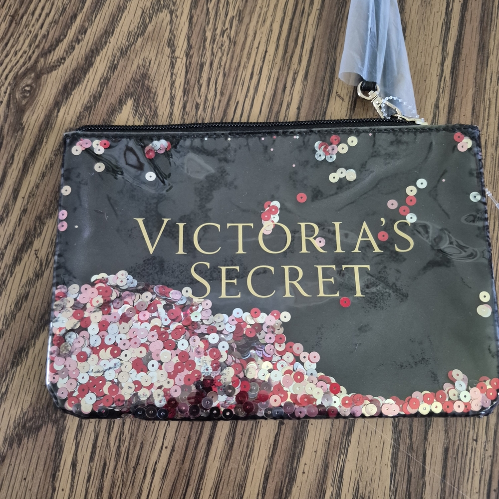 Victoria's Secret Black Cosmetic Bag with Pink Sequins NWT